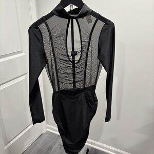 Black Mesh Panel Long Sleeve Dress